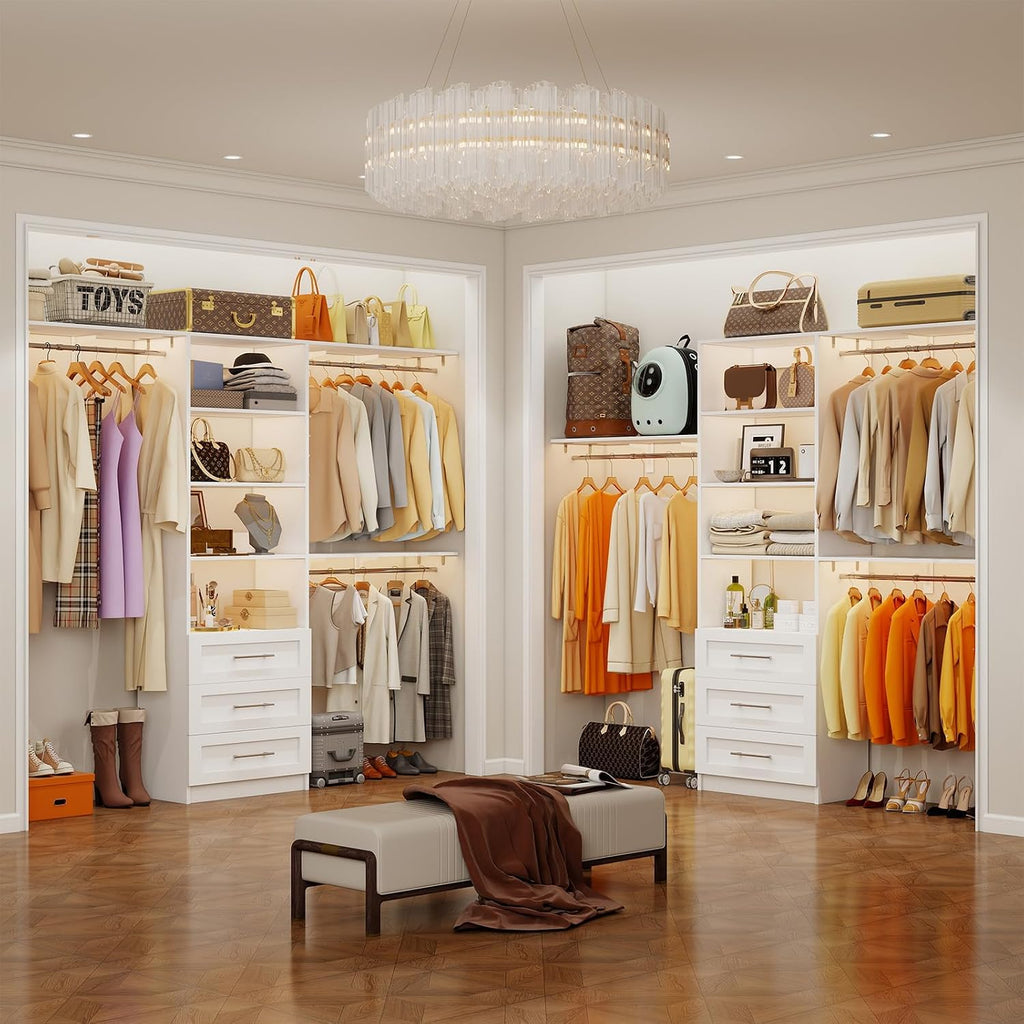 Closet System with 3 Wood Drawers, 5-8FT Closet Organizer System with Cuttable Shelves for Walk in Closet with 3