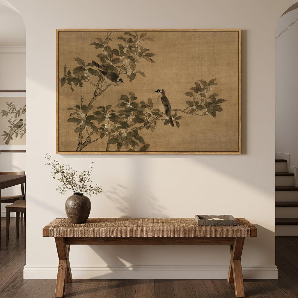 Framed Vintage Botanical Birds on Branch Wall Art, Retro Neutral Still Life Canvas Artwork for Walls, Elegant Rustic
