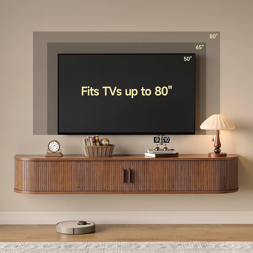 71" Floating TV Stand with Power Outlet for TVs up to 80", Fluted Entertainment Center with Remote Control for LED