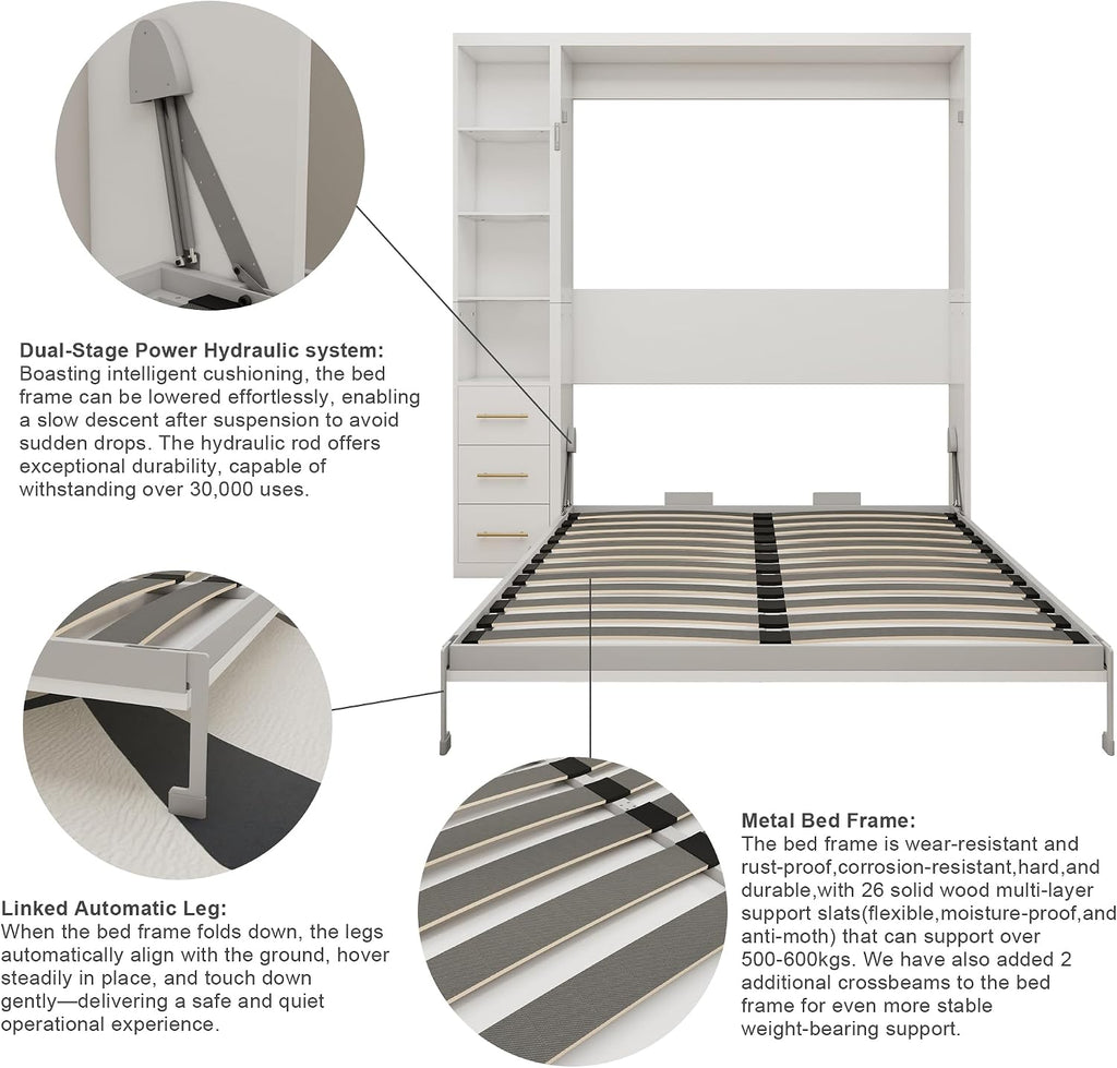 Queen Murphy Bed with Desk and Side Storage, Foldable Wall Bed with Drawers and Shelves, Space-Saving Cabinet Bed for