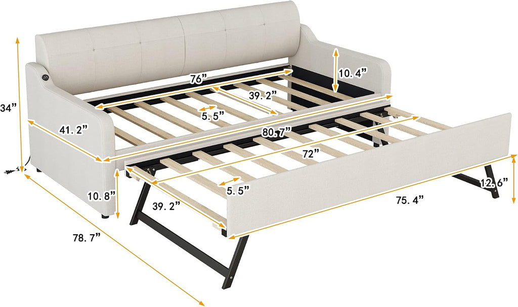 Twin Size Upholstered Daybed with Trundle and USB Charging Port, Pop-Up Trundle Flat or Elevated, Woven Fabric Day