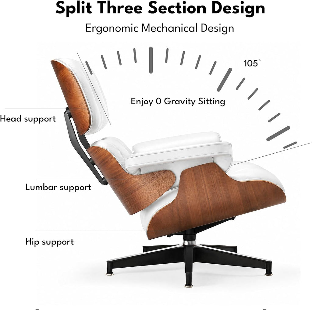 Modern Reading Chair and Ottoman — White Leather