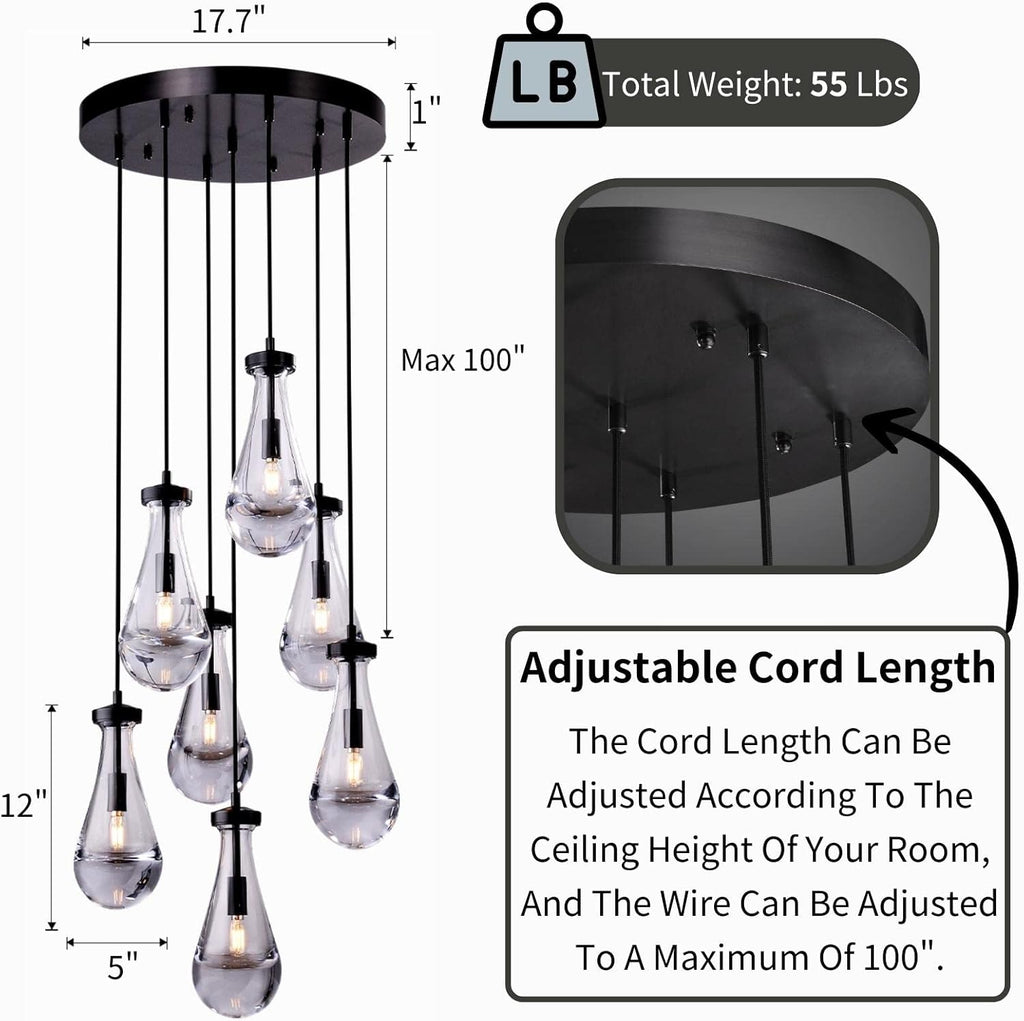 Raindrop Pendant Lights Kitchen Island Teardrop Black Hanging Light Fixtures Clear Solid Glass Pendant Light Modern Chandeliers for Dining Room Porch Corridor Living Room (7-Light)