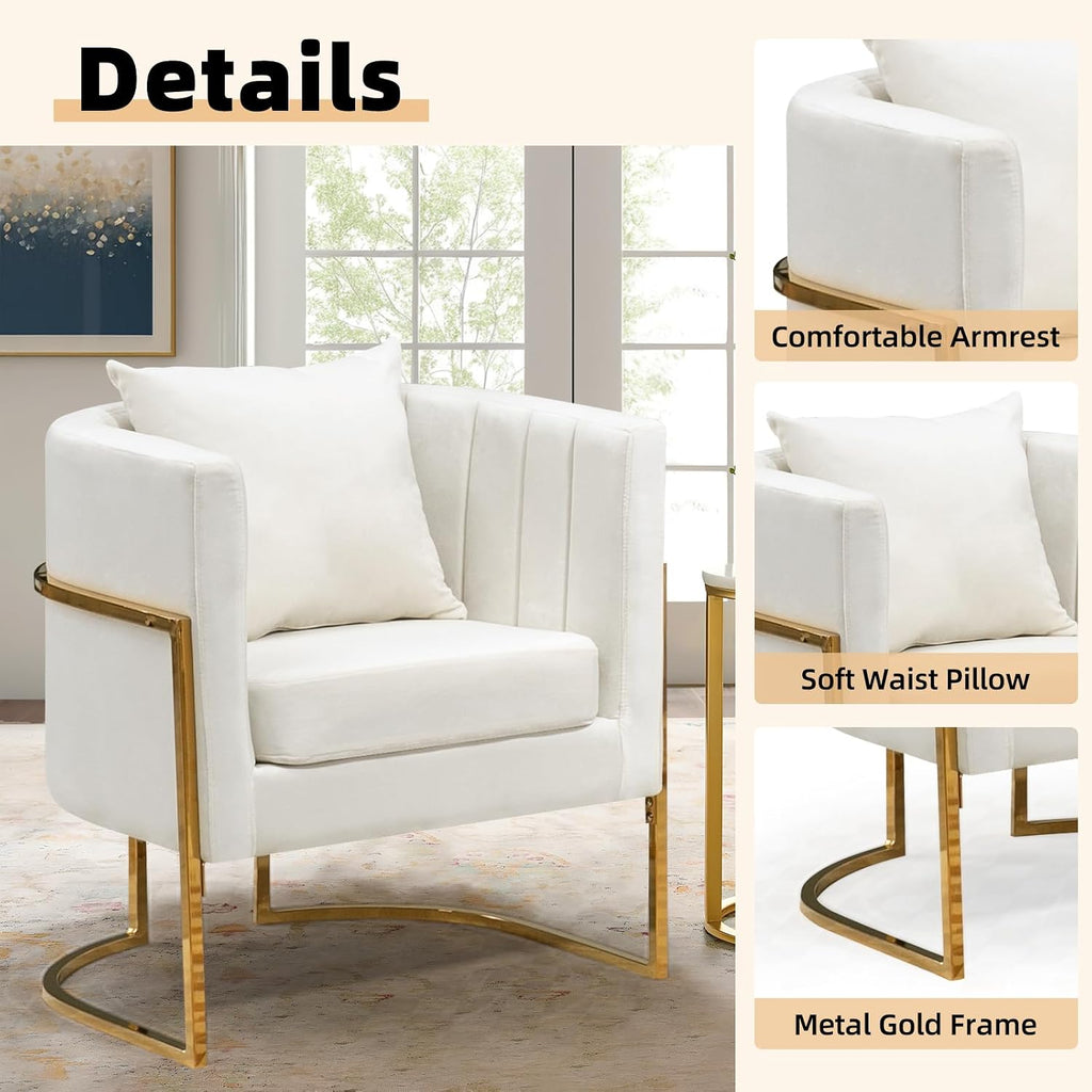 Velvet Modern Accent Chair, Upholstered Barrel Armchair Mid Century with Pillow , Comfy Single Vanity Chair with