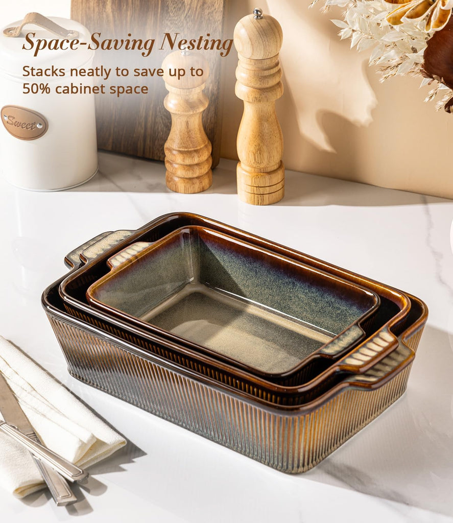 Casserole Dishes for Oven, Ceramic Dish Set of 3 | Deep Rectangular Dishes with Handles, Reactive Glaze Bakeware Set