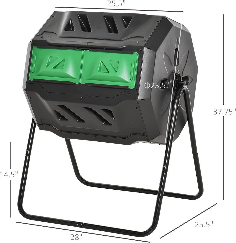 Tumbling Compost Bin 360° Dual Chamber 43 Gallon, Green | Outdoor, Rotating Composter
