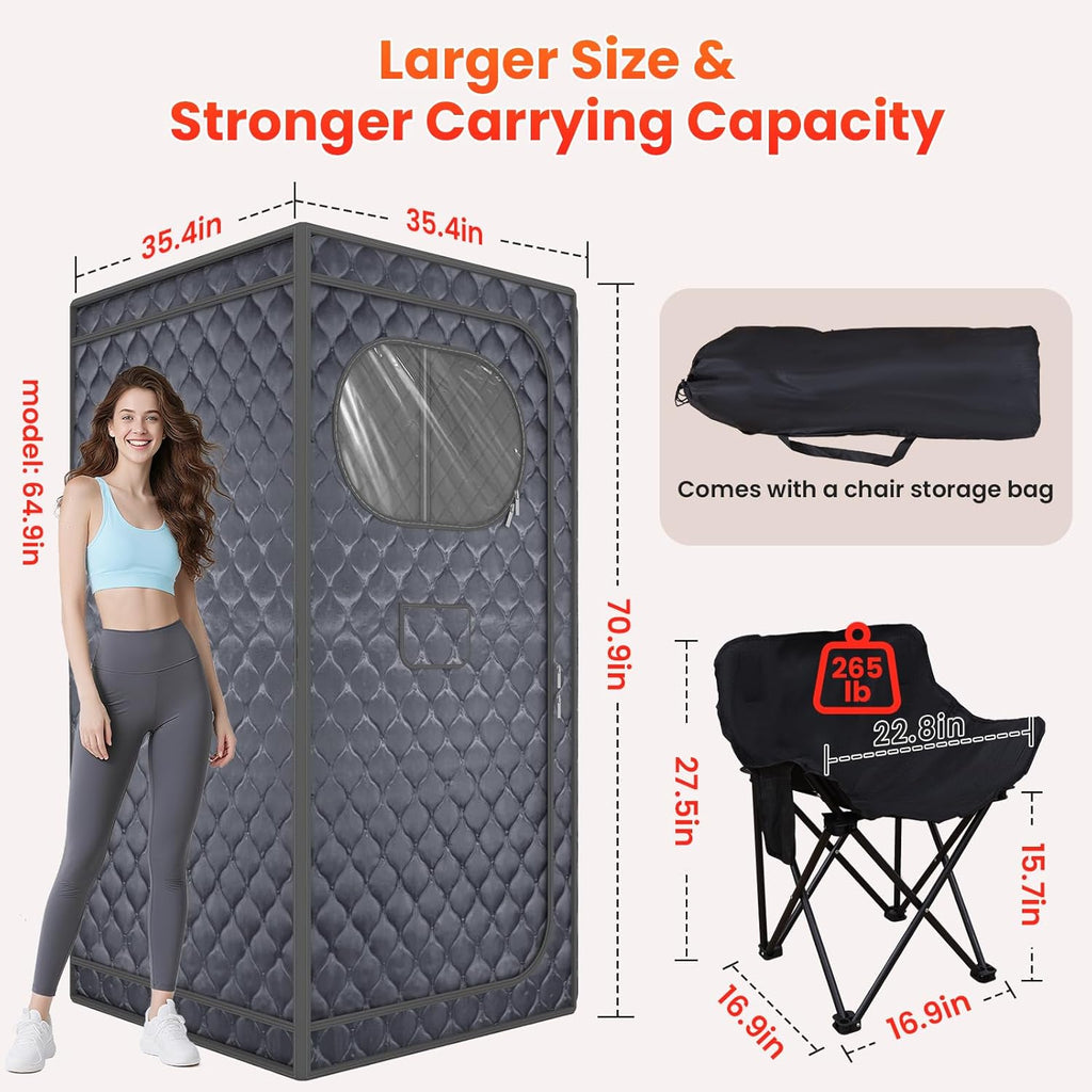 Portable Sauna for Home, Upgraded Personal Steam Sauna Box with 3L 1300W Steamer, Folding Chair