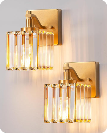 Modern Gold Crystal Wall Sconces Set of 2, Bathroom Vanity Lights | Hardwired, 1-Light, Standard E26 Base, Up Down