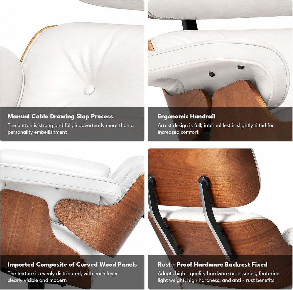 Modern Reading Chair and Ottoman — White Leather
