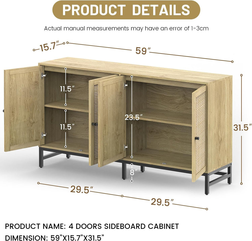 Rattan Sideboard Buffet Cabinet, Natural Storage Credenza Accent Cabinet with 4 Doors, 59" Large Mid Century Modern