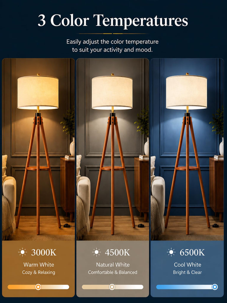 Mid Century Solid Wood Tripod Floor Lamp with Tary & Remote Control