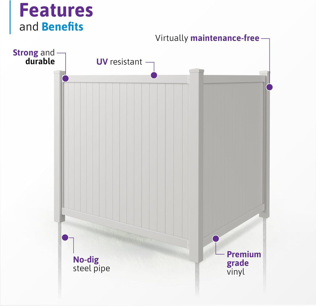 6ft H x 6ft W (1 Panel + 1 Post) Permanent No Dig Privacy Fence Kit, Durable White Vinyl Privacy Fence, BL19110
