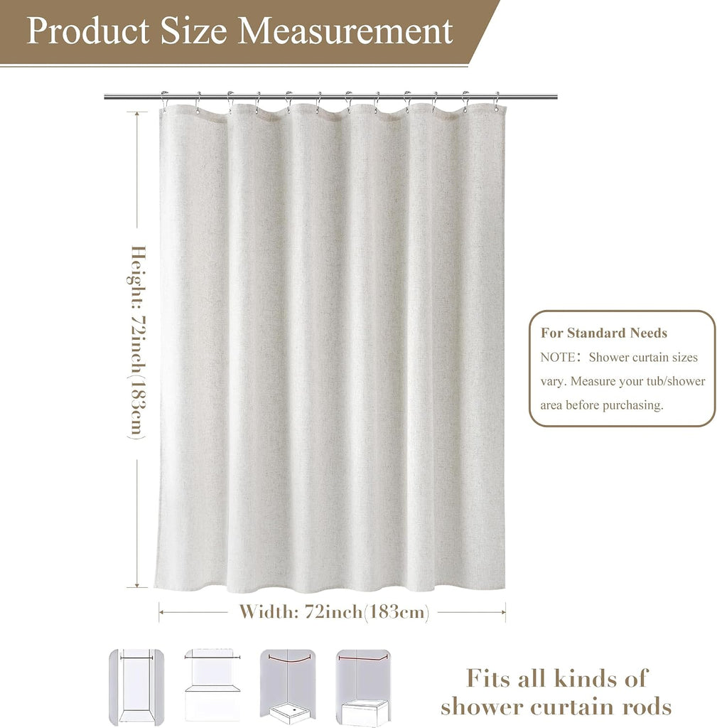 Linen Shower Curtain 72 Inches Long 1 Panel White | Shower Curtains with Hook, Waterproof Cloth, Boho Farmhouse
