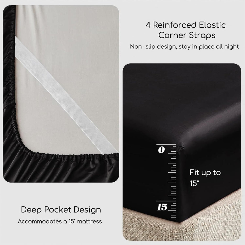 Satin Bed Sheets, Sheets Set, 4 Pcs Silky Bedding Set with Elastic Corner Straps and 15 Inches Deep Pocket