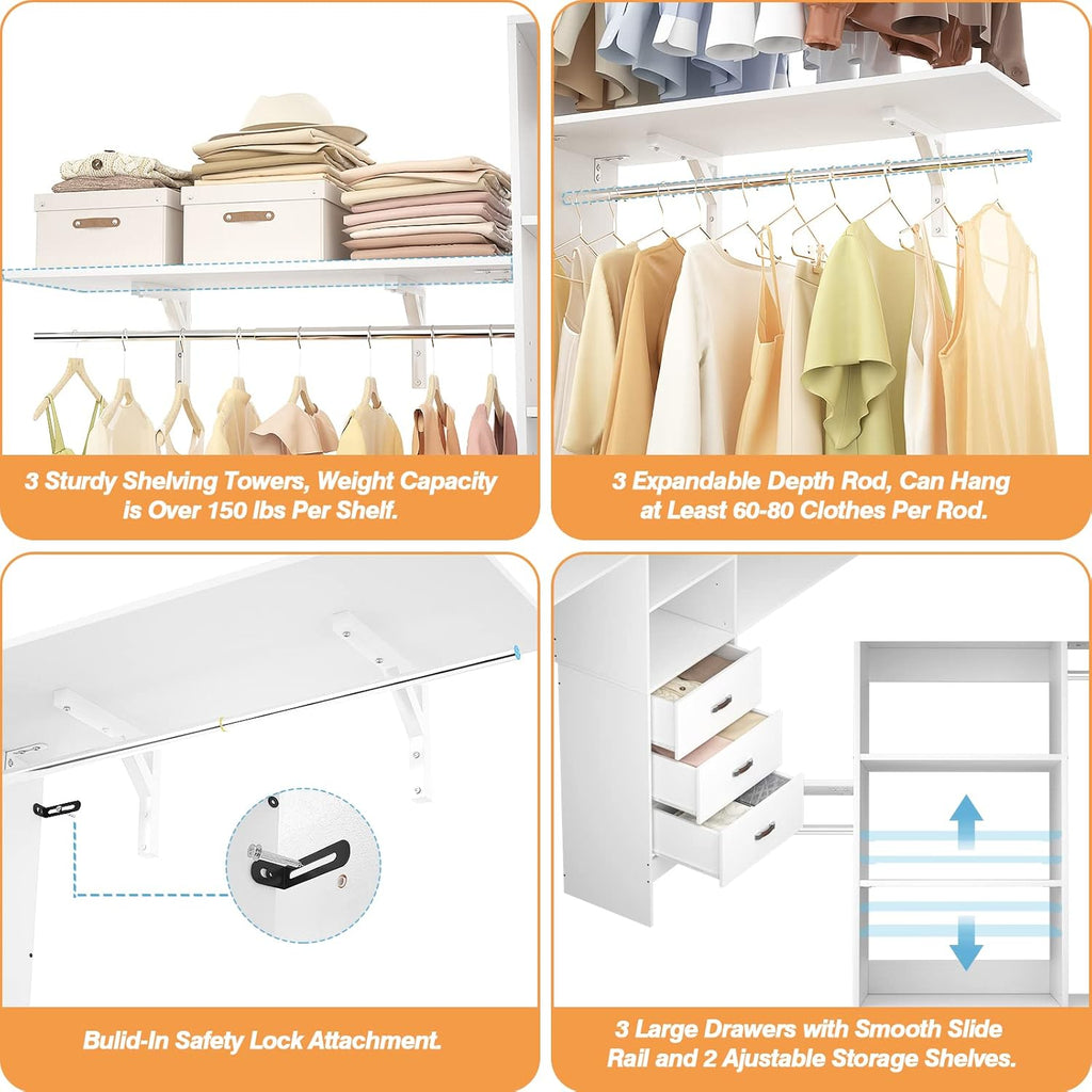 96" Wood Closet System with 3 Enclosed Drawers & 3 Solid Shelves, 8FT Adjustable Closet Organizers and Storage, Heavy