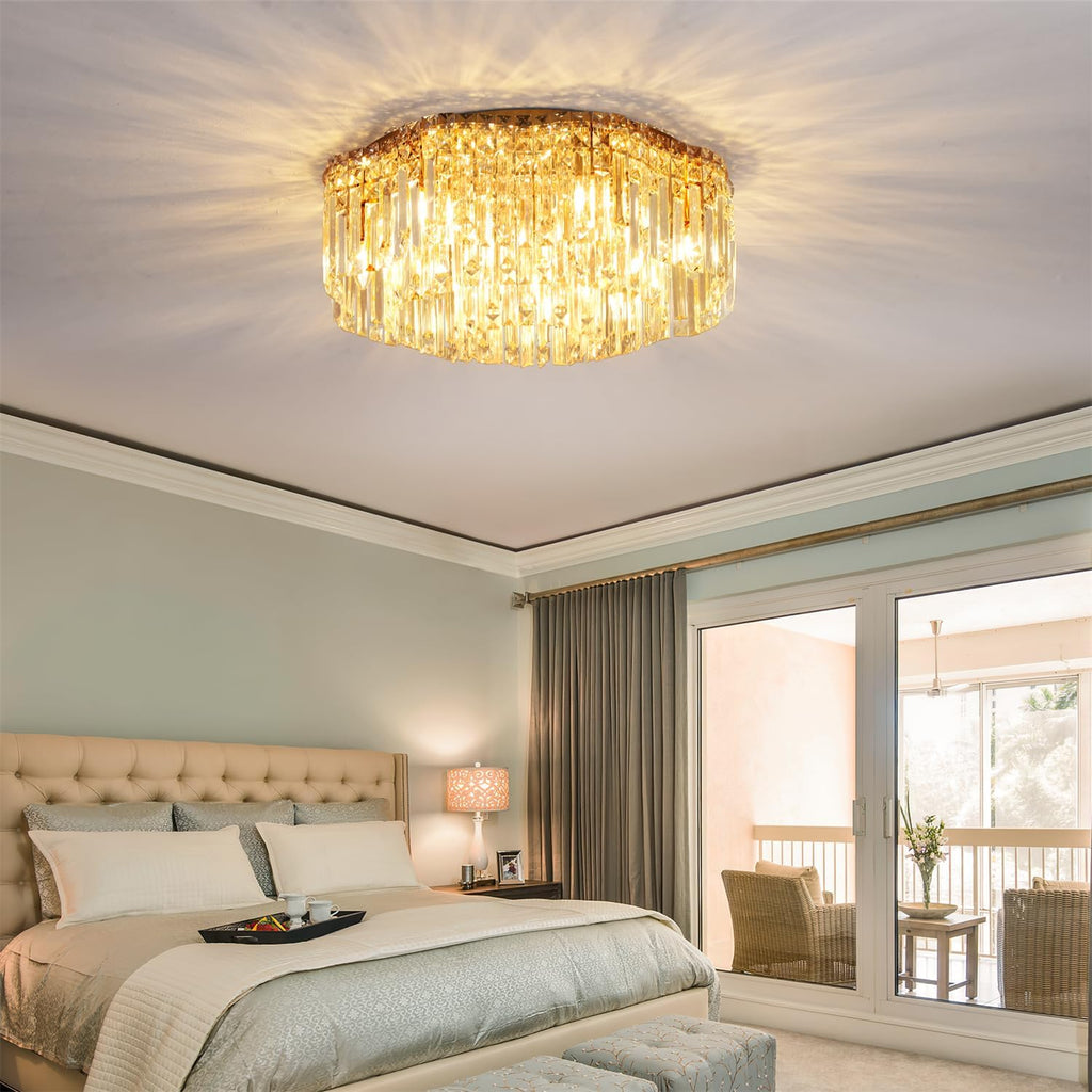 Flush Mount Crystal Chandelier, 24 inch Modern Crystal Ceiling Lights with Warm White Light Bulb (2700K), Flush Mount