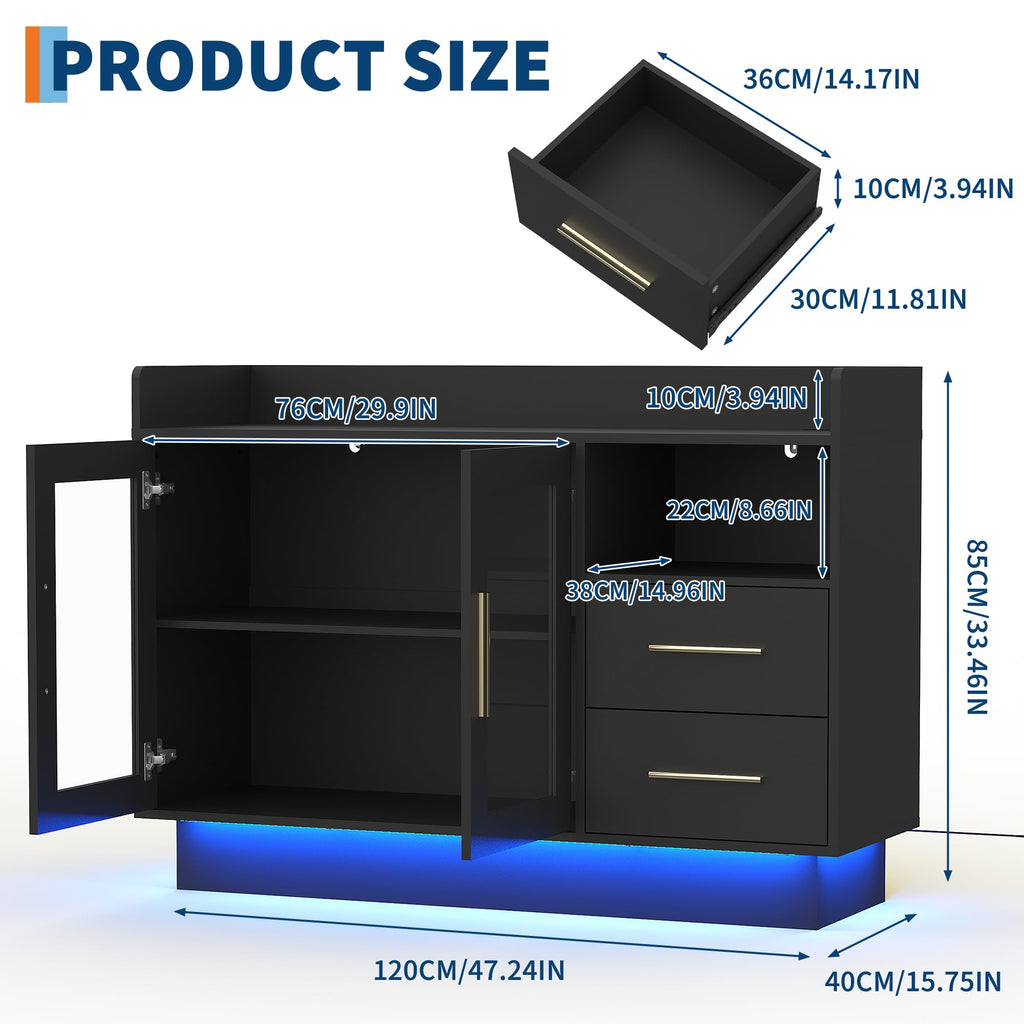 Wine Cabinet - 47.24'' Coffee Bar Station with LED Lights, High-Load-Bearing Capacity Liquor Cabinet with