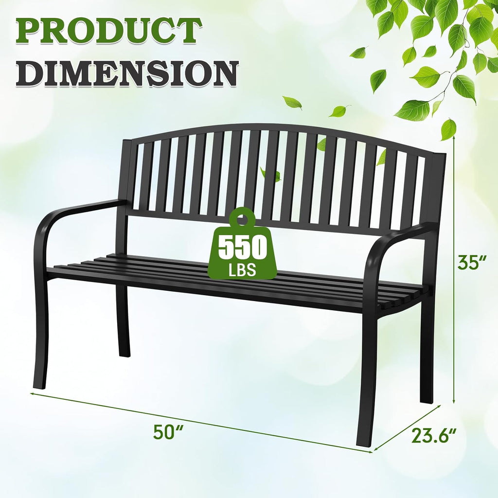 50" Outdoor Garden Bench, Iron Metal Frame Patio Bench with Backrest and Armrests, Weatherproof Anti-Rust Outdoor