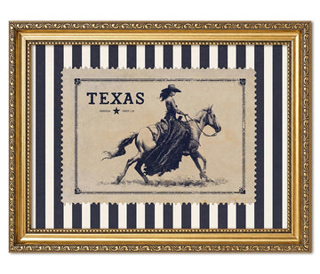 Vintage Gold Framed Western Wall Art, Texas Cowgirl Horse Pictures Wall Decor, Retro Striped Stamp Paintings Canvas