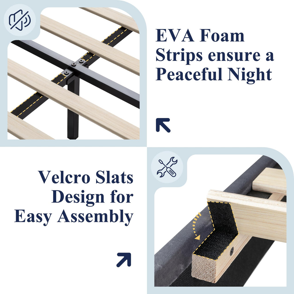 Queen Size Platform Bed Frame with Charging Station & Storage Headboard, Upholstered Velvet Wingback Design & USB