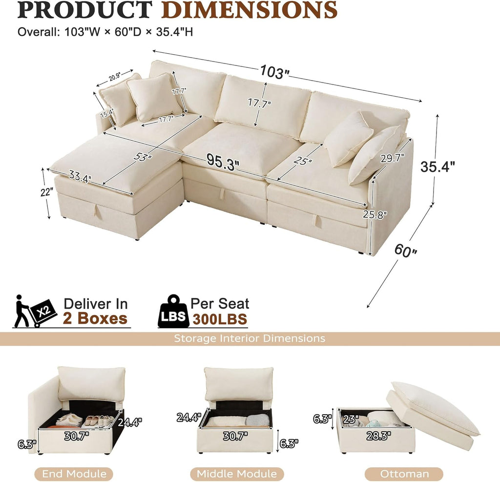 103" Modular Sectional Sofa with Storage, L Shaped Cloud Couch with Movable Ottomans & 4 Pillows, Chenille Deep Seat