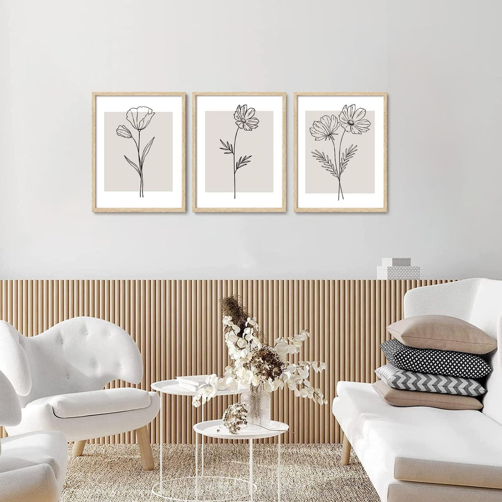 3 Piece Neutral Flower Framed Wall Art Beige Minimalist Floral Canvas Art Prints Boho Botanical Line Pictures Wall