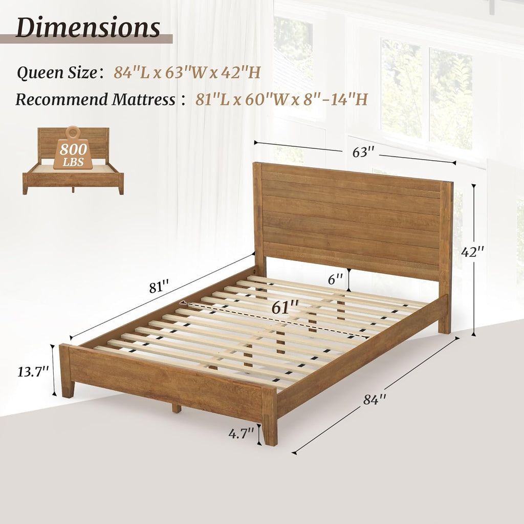 Queen Bed Frame with Headboard, 100% Solid Acacia Wood Platform, 800lb Heavy Duty Support with 10 Reinforced Legs
