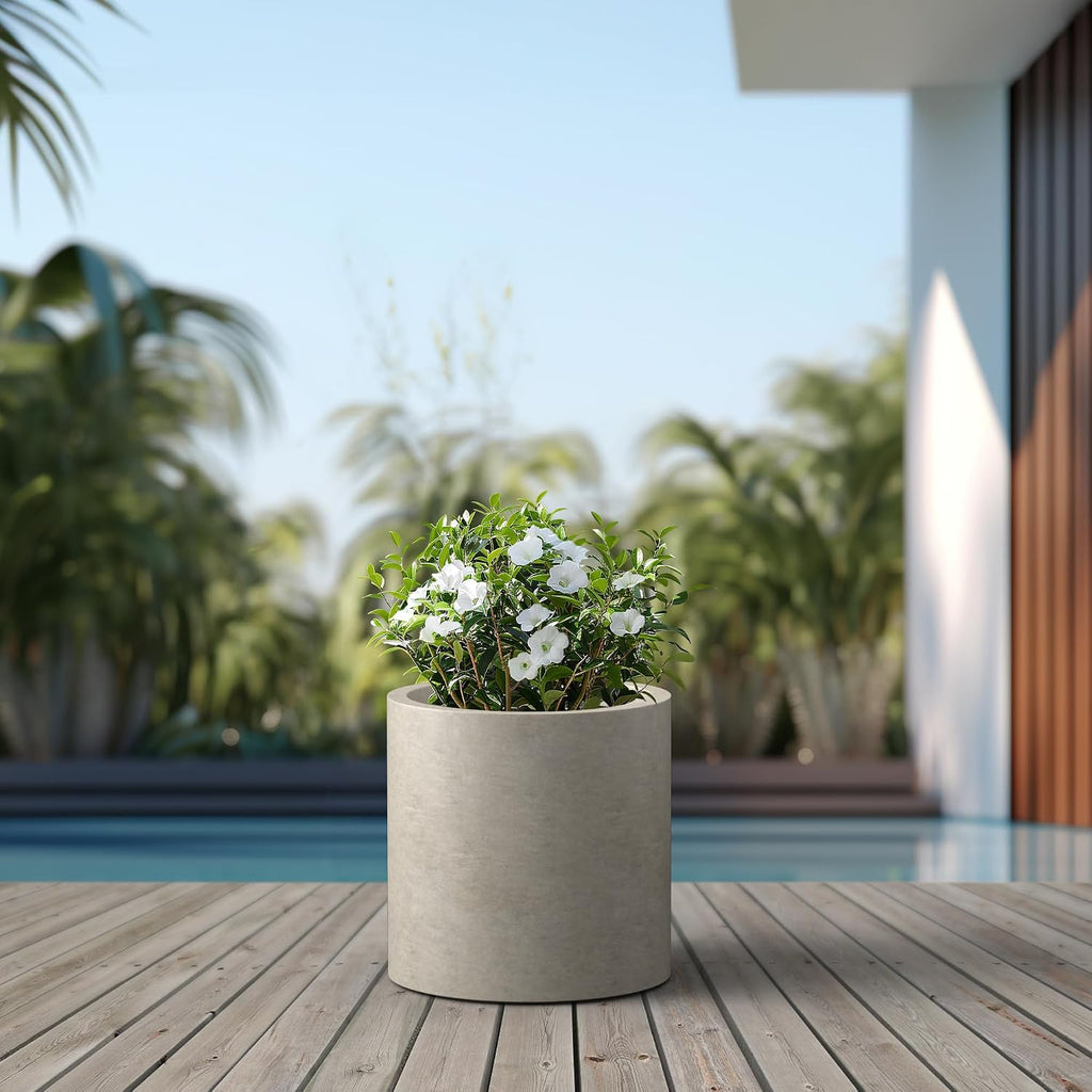Large Round Cylinder Weathered Concrete Planter 15.8" Tall, Outdoor | Rubber Plug for Indoor, Drainage for Garden