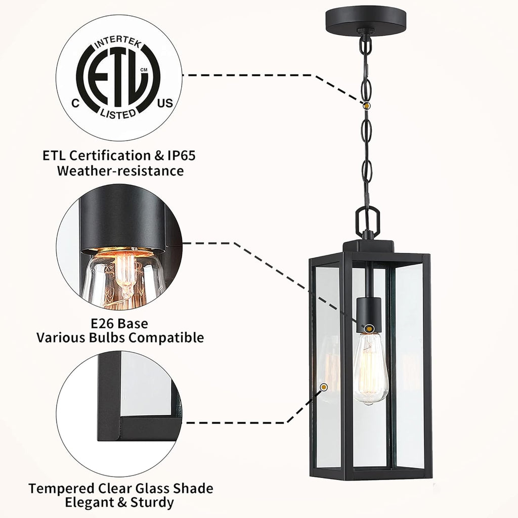 Outdoor Pendant Light, Modern Matte Black Adjustable Exterior Hanging Porch Lighting
