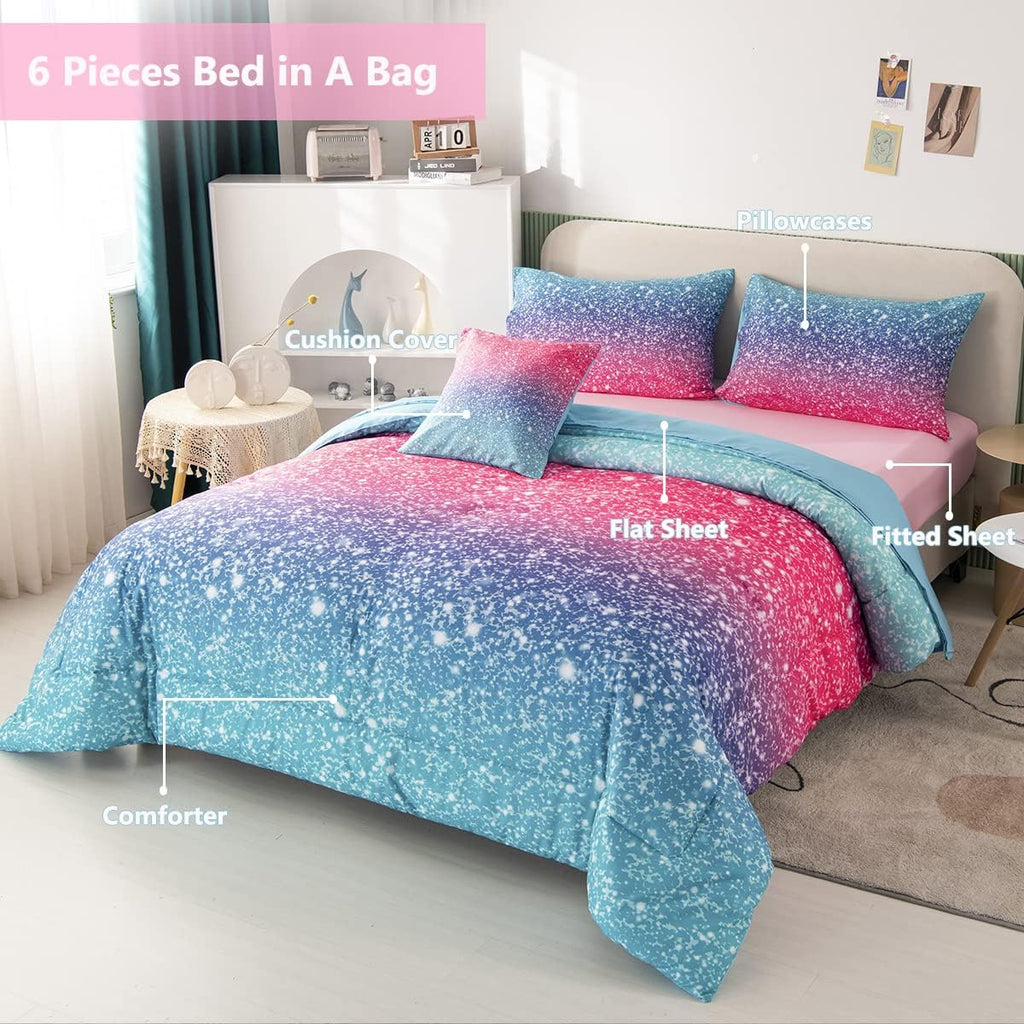 Girls Bedding Set 6 Piece Blue Pink Comforter Set Kids Bed in A Bag Colorful Rainbow Glitter Bed Set Decoration