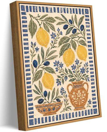 Floating Framed Lemon Olive Canvas Wall Art, Vintage Botanical Painting