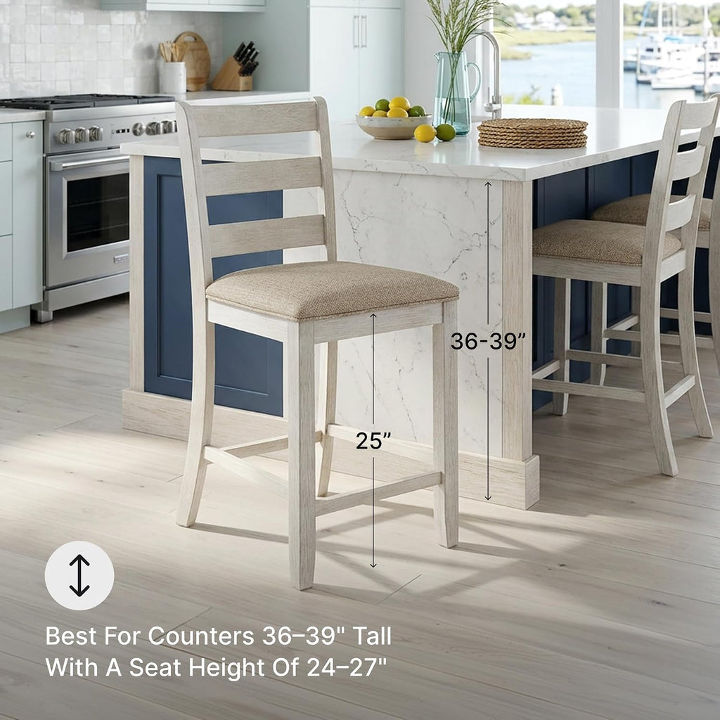Skempton | 2-Count 24" Counter-Height Upholstered Bar Stools - Coastal Chic Ladder-Back, Antique White