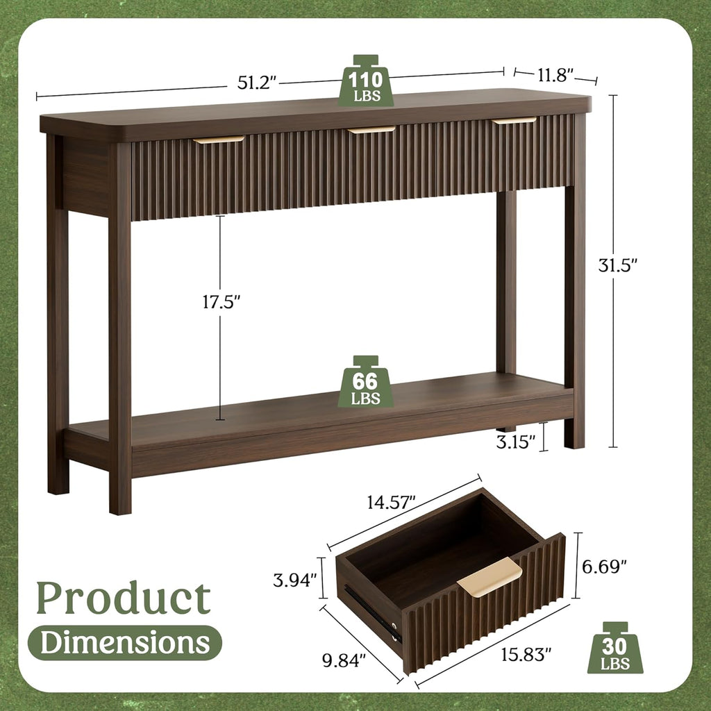 Fluted Console Table, 51 Inch Entryway Table with 3 Drawers | Scandi farmhouse look with quiet full-extension slides