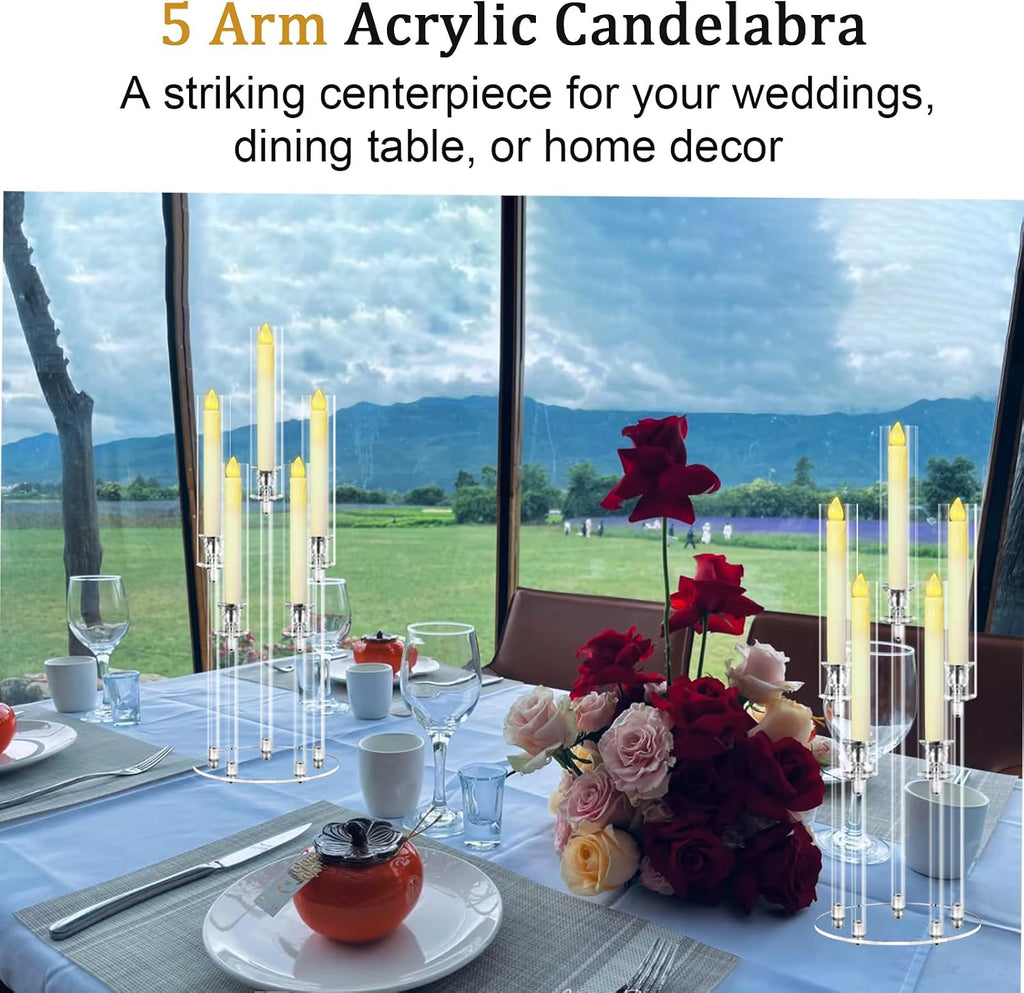 2 Sets 5 Arms Acrylic Candelabra Centerpieces for Tables, 27" Clear Candle Holder,Candlesticks Holder with LED Candles