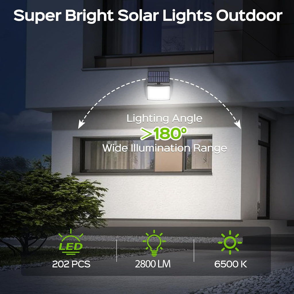 Solar Outdoor Lights 2Pack, 202 LED Flood Lights with 16.4 ft Cable | Remote Control Solar Motion Sensor Outdoor