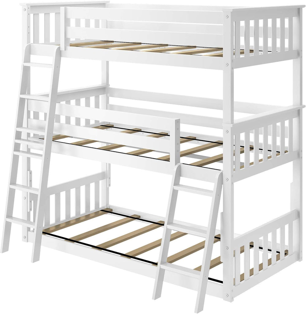 Triple Twin Bunk Bed, Solid Wood Bed Frame For Kids, No Box Spring Needed, Easy Assembly, White