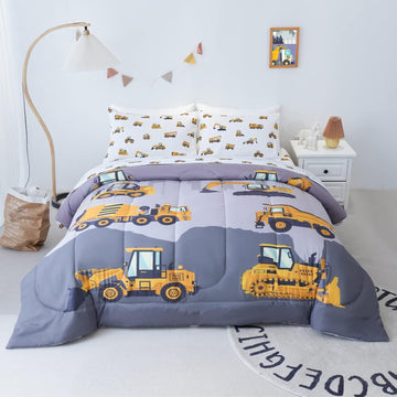 Twin Comforter Set for Boys, 4-Piece Bed in a Bag, 3D Construction Bedding Comforter Sheet Set, Ultra Soft and