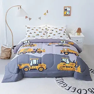 Twin Comforter Set for Boys, 4-Piece Bed in a Bag, 3D Construction Bedding Comforter Sheet Set, Ultra Soft and