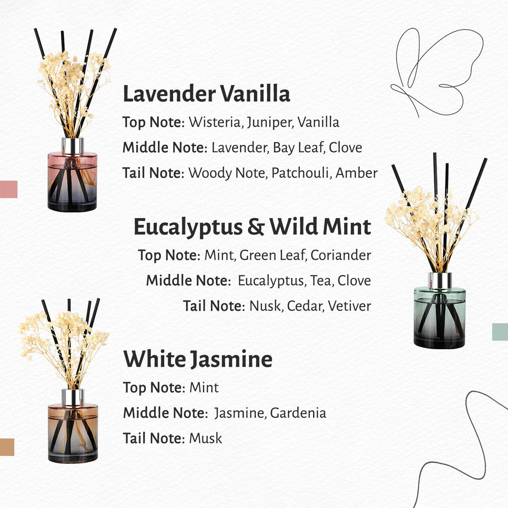 3 Pack Reed Diffuser, White Jasmine, Eucalyptus Mint, Lavender Vanilla