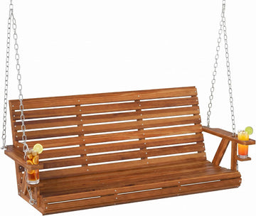 Upgraded Wooden Porch Swing 3-Seater, 5 FT Outdoor Patio Swing Bench with Cupholders, Hanging Chains, Swing Chair