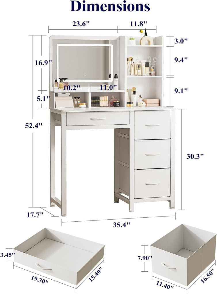 Vanity Desk with Mirror and Lights, Large Capacity, Fabric Drawers | Bedroom, Teens & Women, 3 Light Modes, 4 Fabric