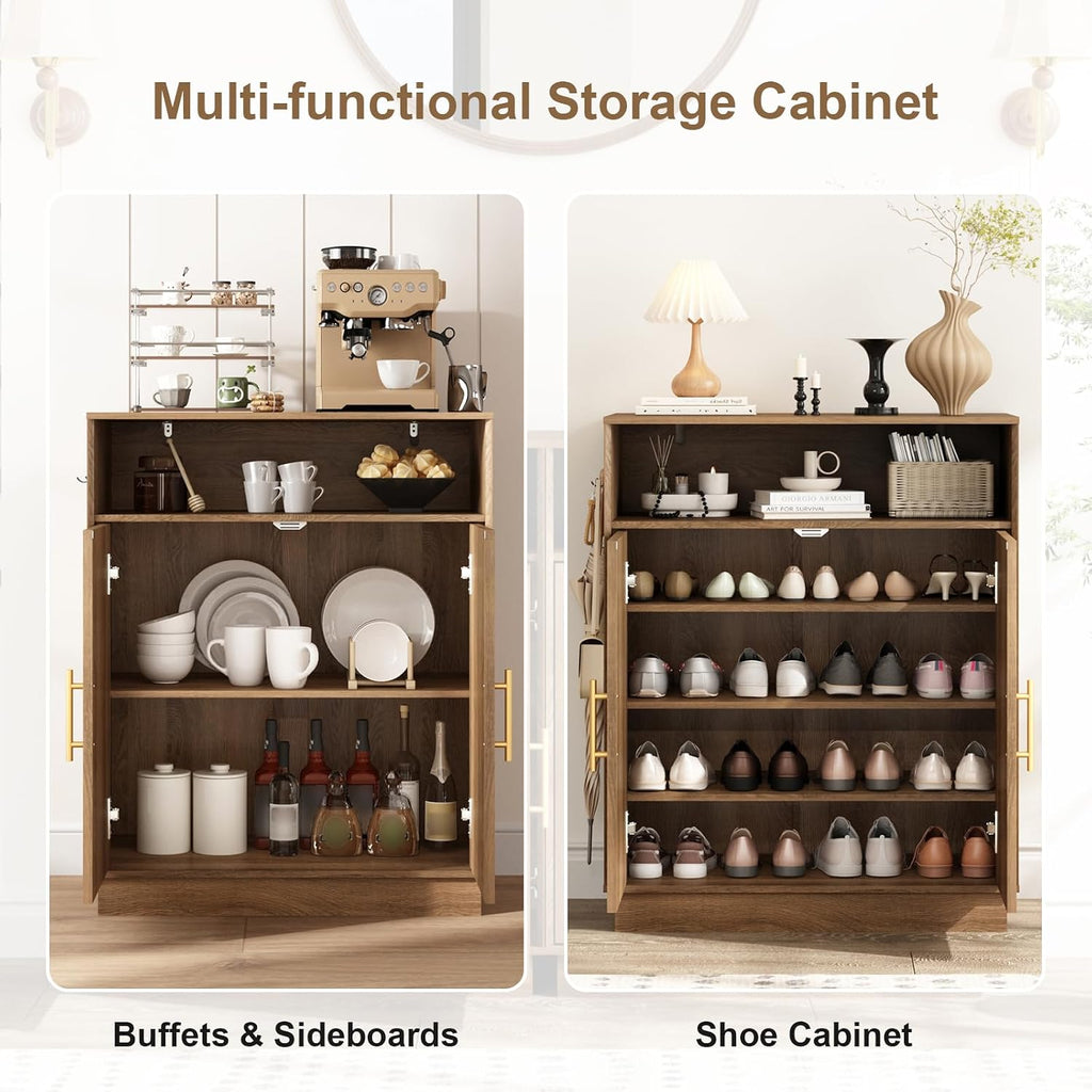 Rattan Shoe Storage Cabinet with 2 Arched Doors, 5-Tier Deep Shoe Organizer with Adjustable Shelves, Farmhouse Boho