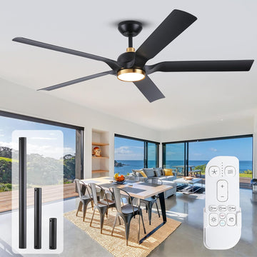 60 Inch Outdoor Ceiling Fan for Patios with Light, Black Gold Ceiling Fan with Long Downrods and Remote Control