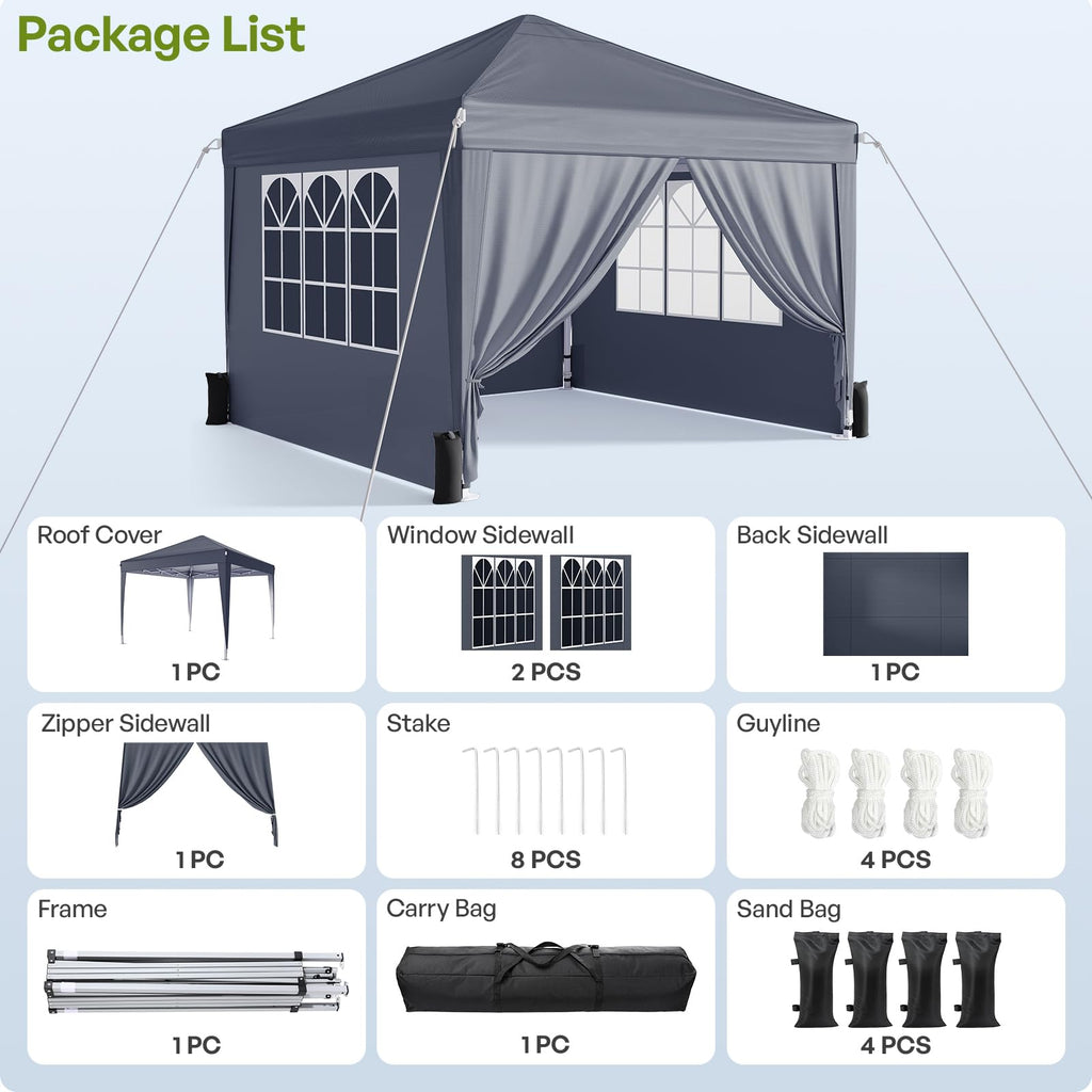 10x10 Pop Up Canopy Tent with Sidewalls, Portable Shelter, Dark Grey