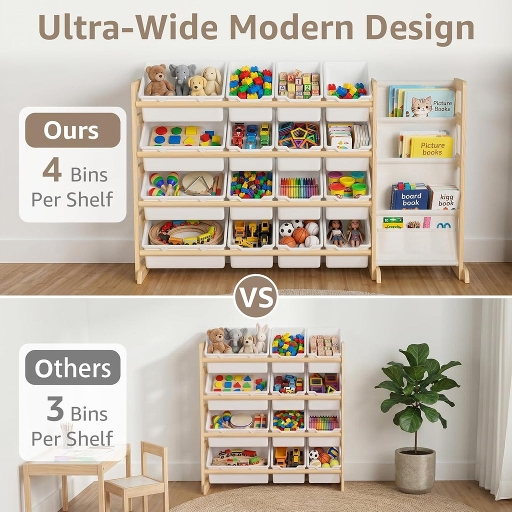 Toy Storage Organizer with Bookshelf - Wooden 12 Bins Kids Toy Organizer Rack, Solid Pine Wood, Toys Box for Toddler