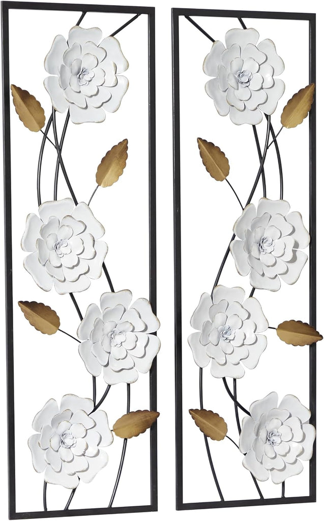 Metal Floral Home Wall Decor Dimensional Floating Wall Sculpture with Black and Gold Accents Wall Art 12"W - Set of 2