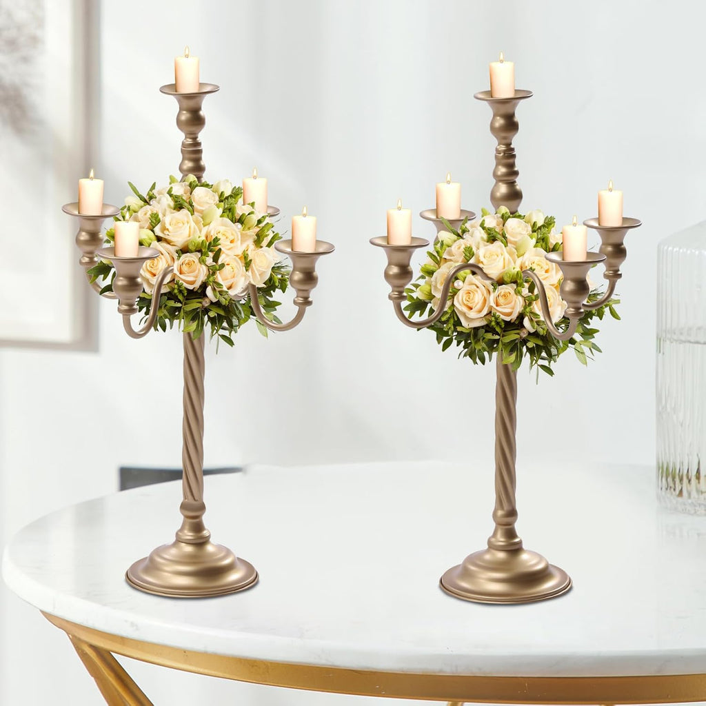 2Pcs Gold Candelabra, 21in Tall Taper Candlestick 5 Arms, Wedding Candelabra, Table Centerpiecent Reception
