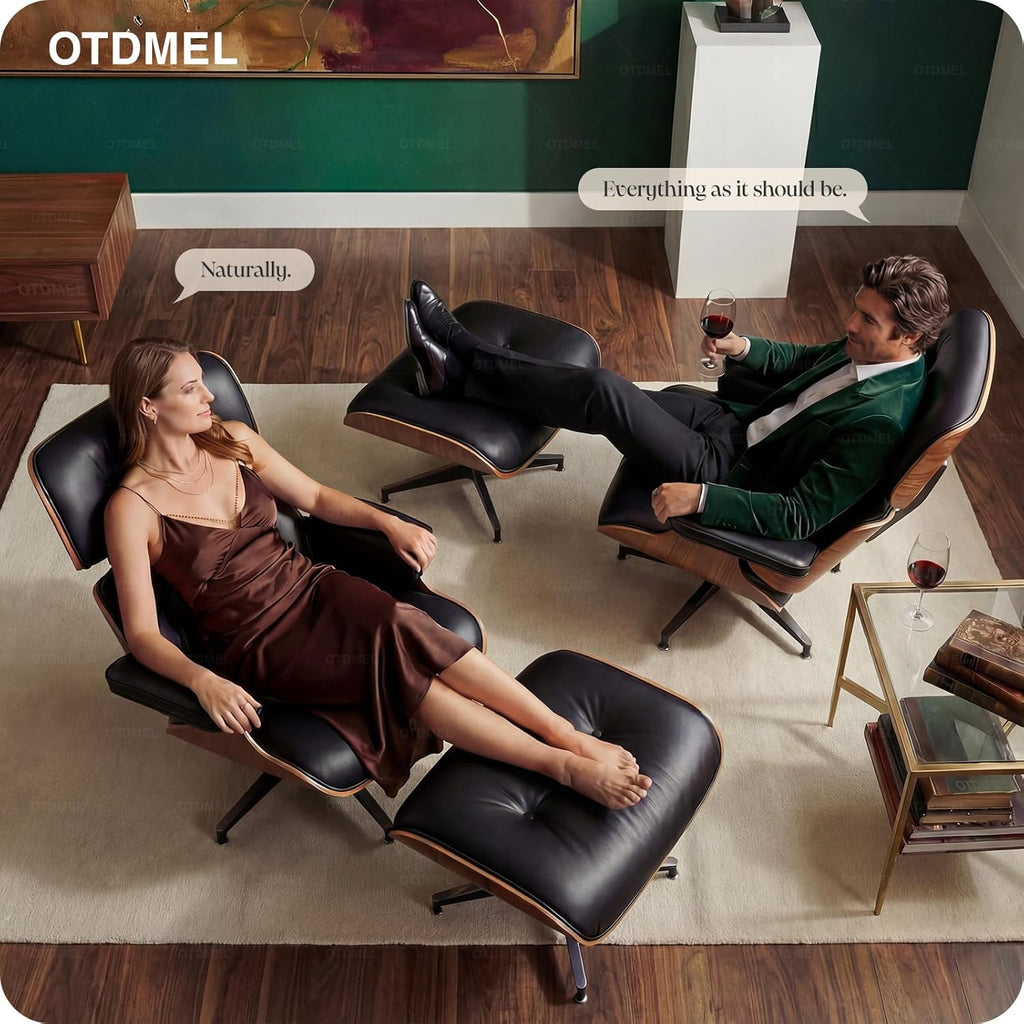 Mid-Century Modern Lounge Chair & Ottoman — Premium Top-Grain Leather, Walnut Base, Extended Chaise