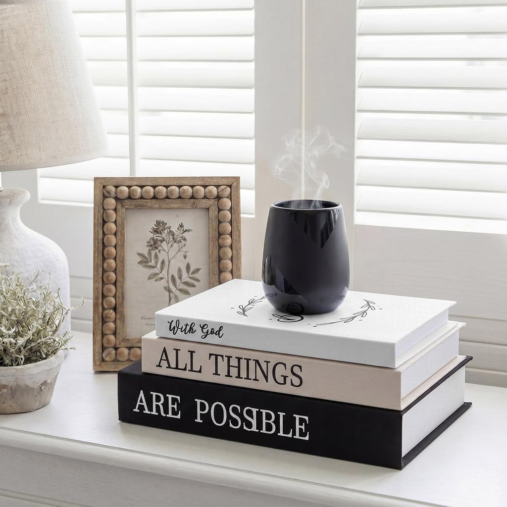 Set of 3 with God All Things are Possible Decorative Books Decor Linen Faux Books Stacked Neutral Modern Aesthetic