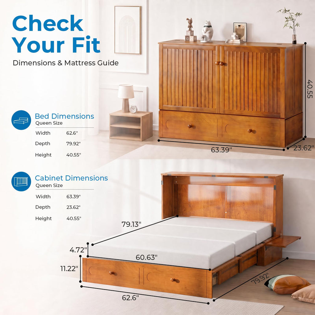 Queen Murphy Bed Cabinet with Tri-Fold Mattress Included, Storage & Charging Station & Headboard Side Panel, 63"W
